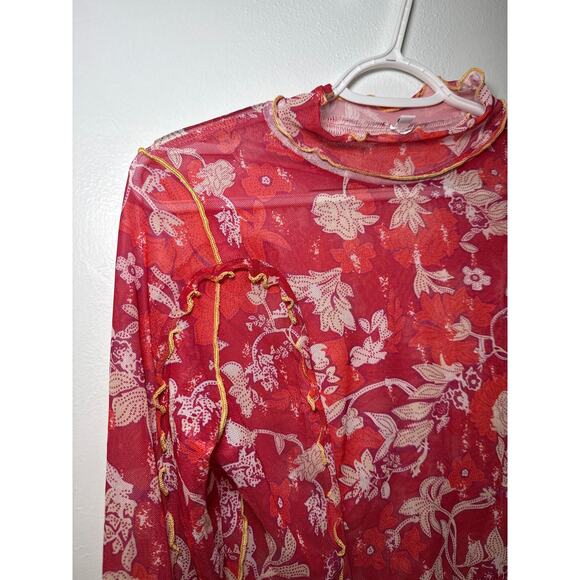 Womens floral mesh crinkle long sleeve top medium y2k festival boho goth - Picture 2 of 9